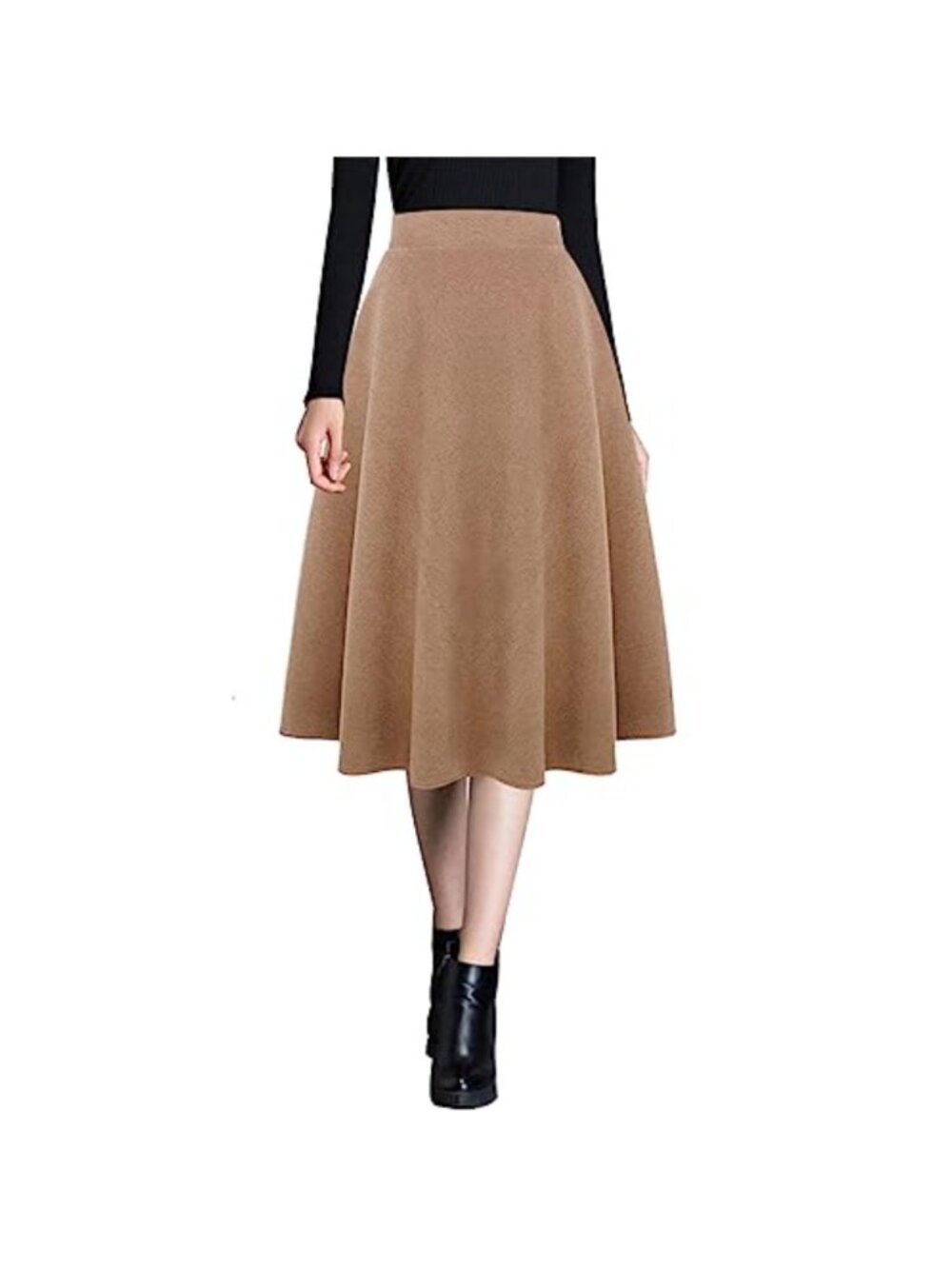 Wool Midi Skirt High Elastic Waist A Line Flared Pleated with Pockets
